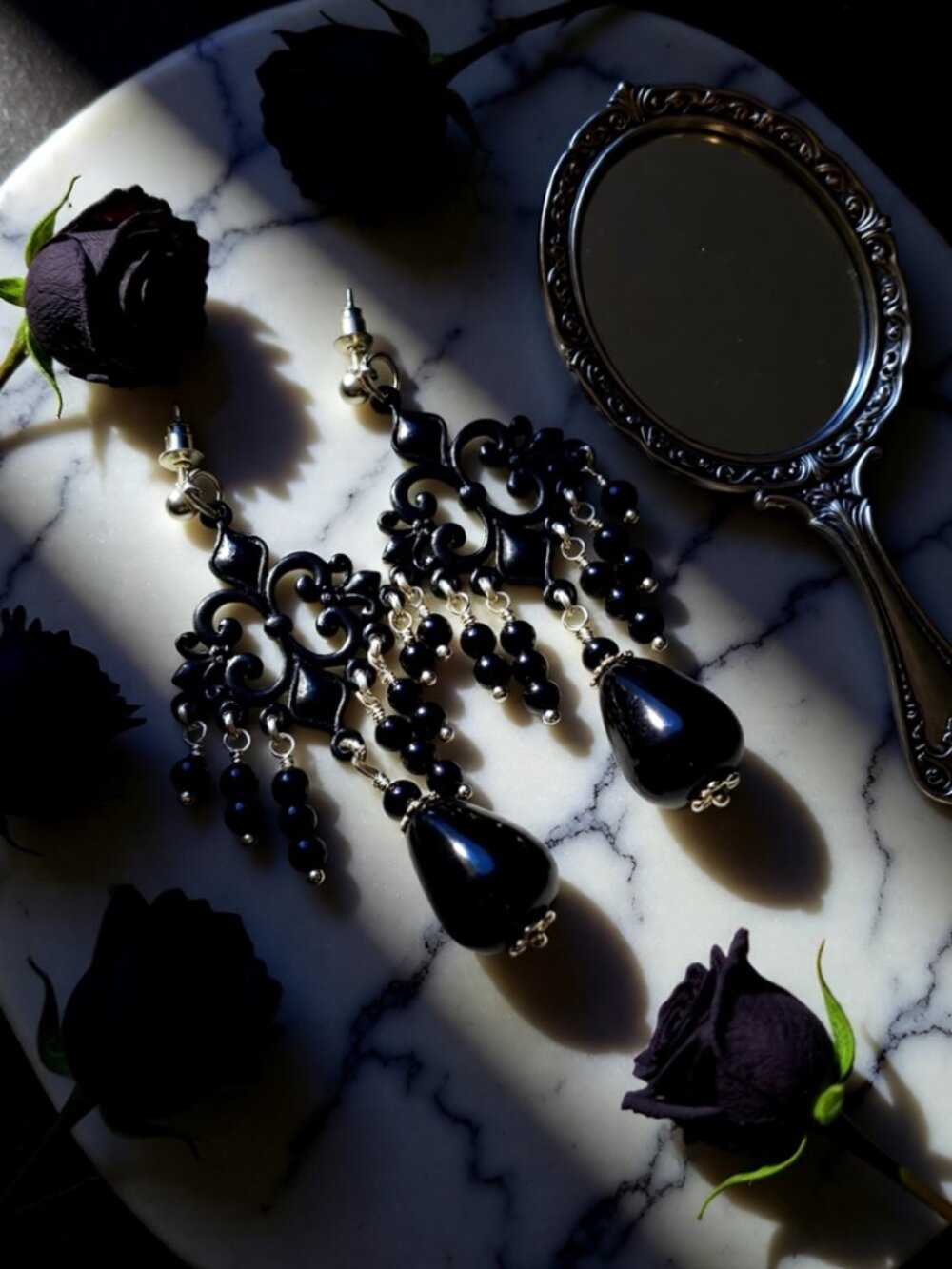 Devastatingly Sexy! Ornate & Opulent Black Onyx Chandelier Earrings - Edgy Goth! - Picture 1 of 10
